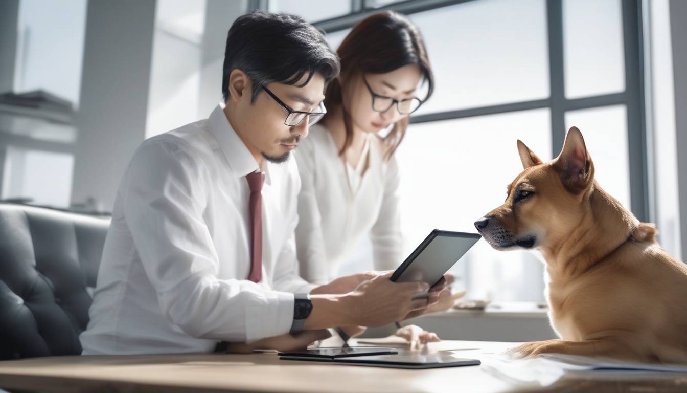 ペット市場の成長データをタブレットで分析するビジネスパーソンと健康な犬猫