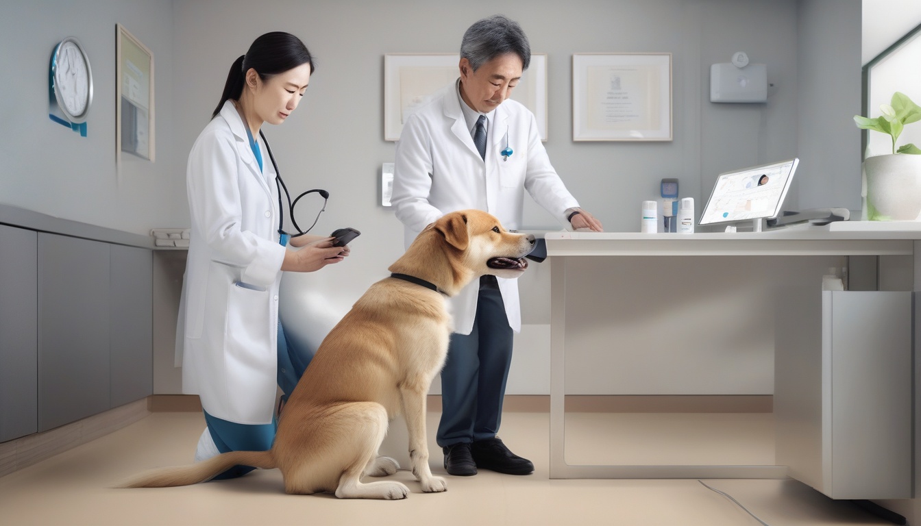 スマート首輪を装着したシニア犬を診察する獣医師と見守る飼い主