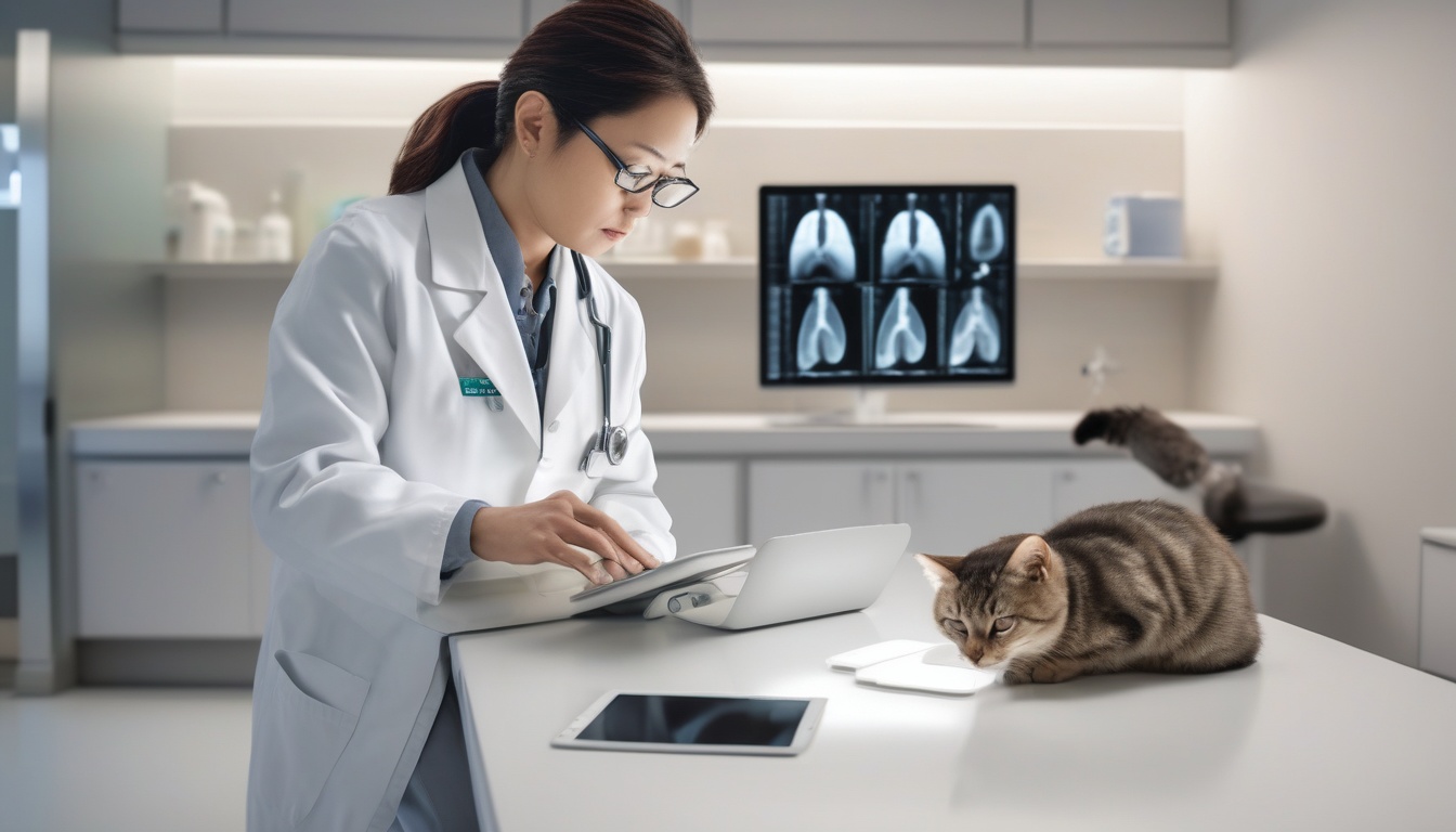 診断画像を確認しながら猫を診察する獣医師